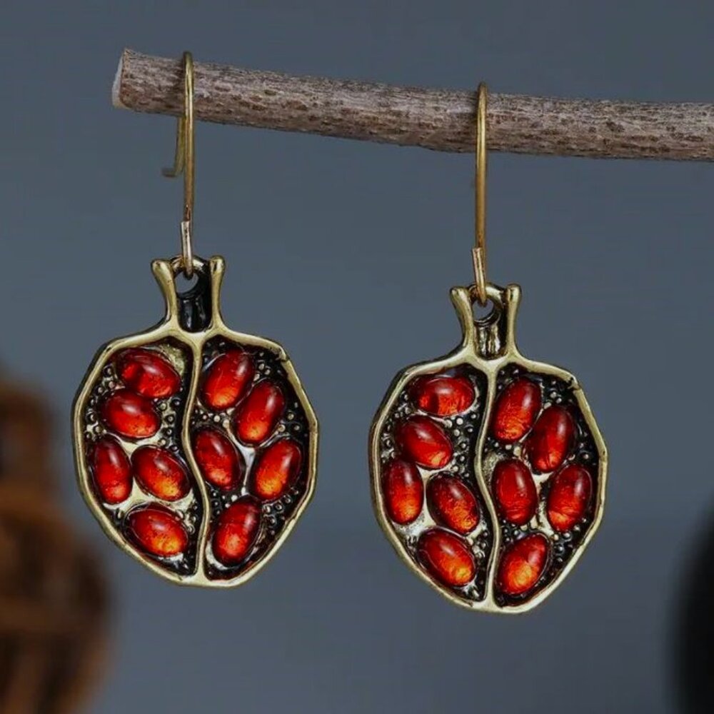 NEW Persephone Garnet Red and 14K Gold Plated Pomegranate Fruit Drop Earrings - Picture 1 of 5
